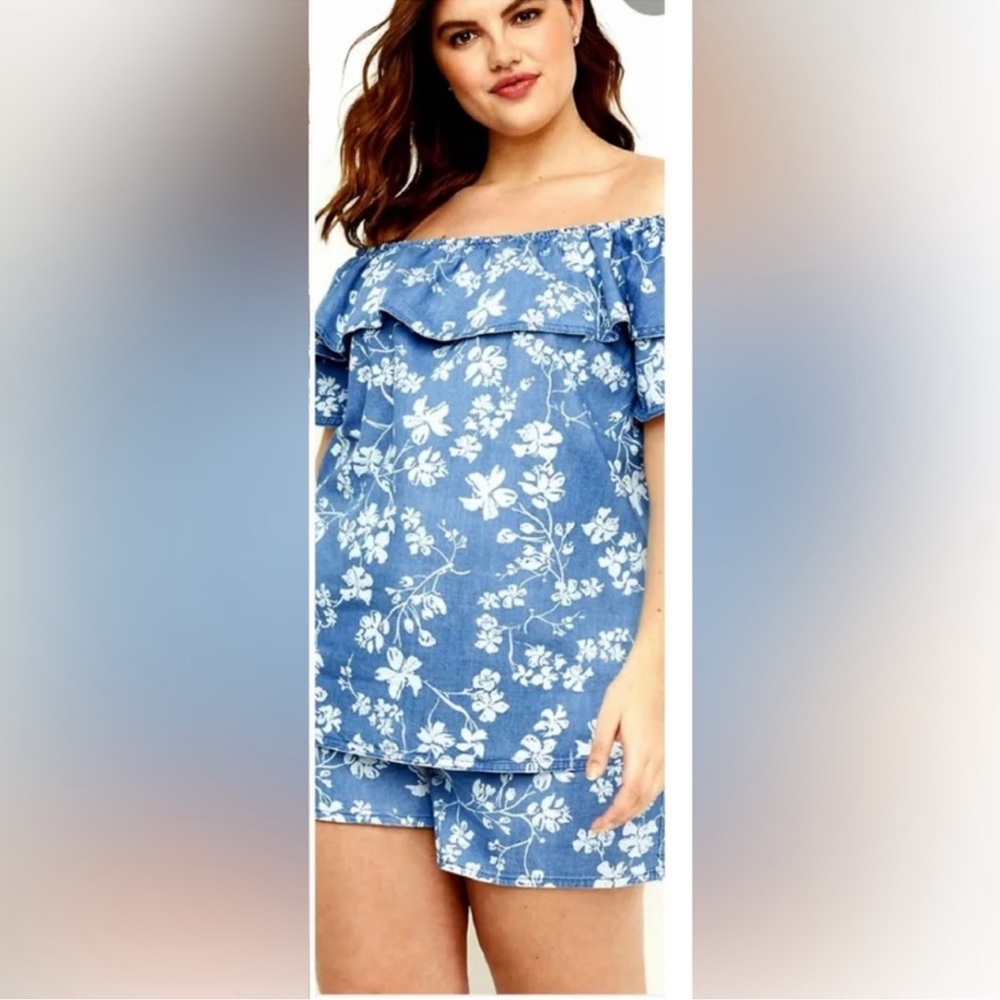 Lane Bryant Chambray Off Shoulder Blouse Blue Size 26